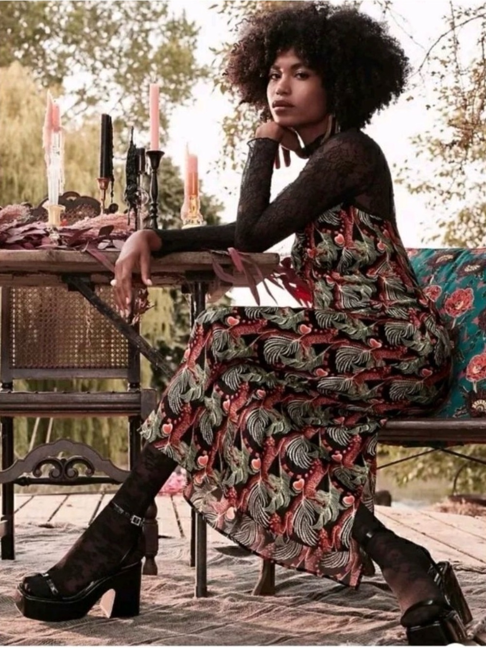 Temperley London Black Lace-Trim Midi Dress with Red & Green Floral Print